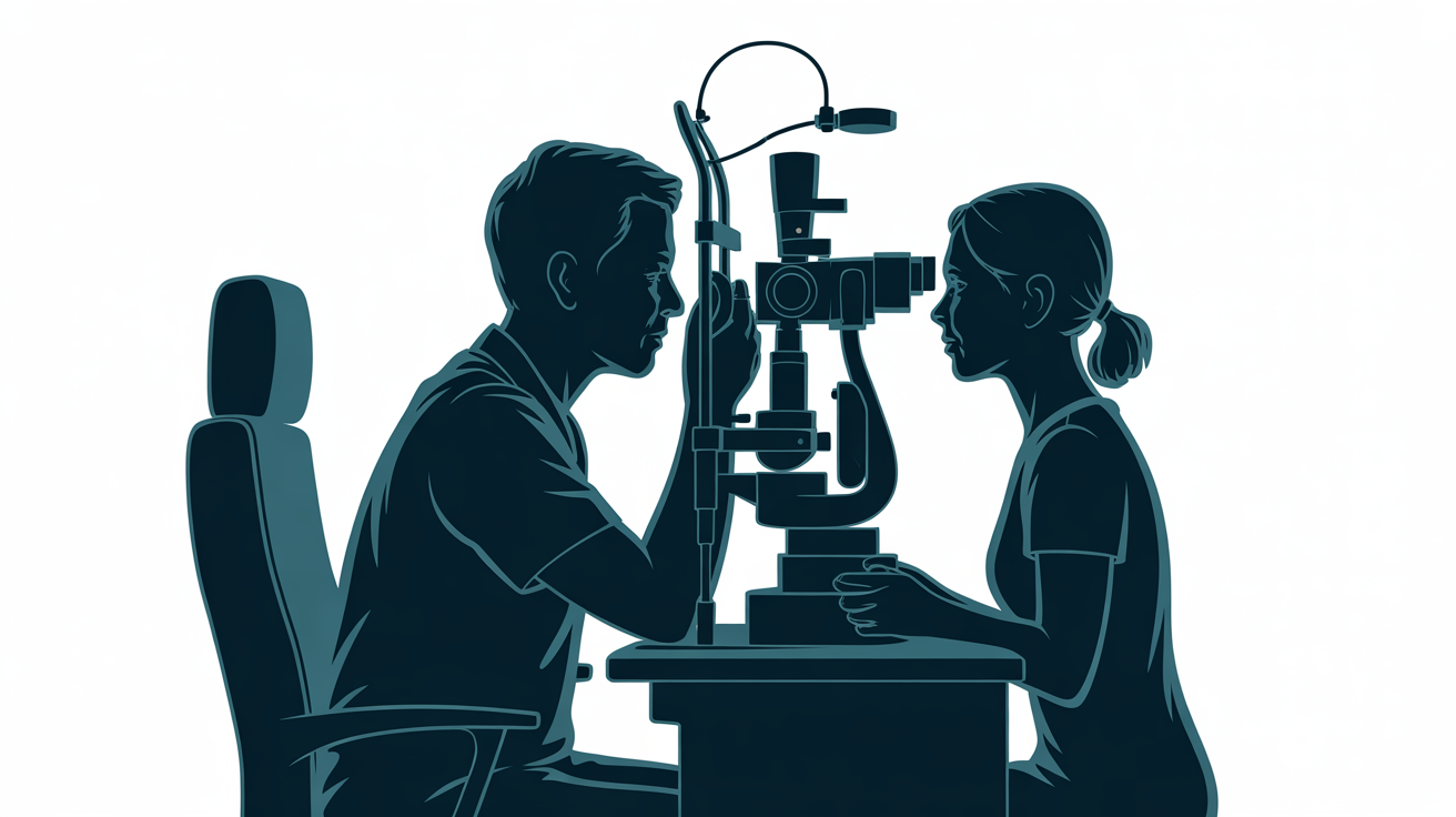 Eye-care practitioner at a slit lamp, the primary audience for this starting-parameter tool.